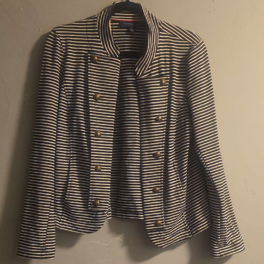 Tommy Hilfiger Navy and White Striped Military-Style Blazer